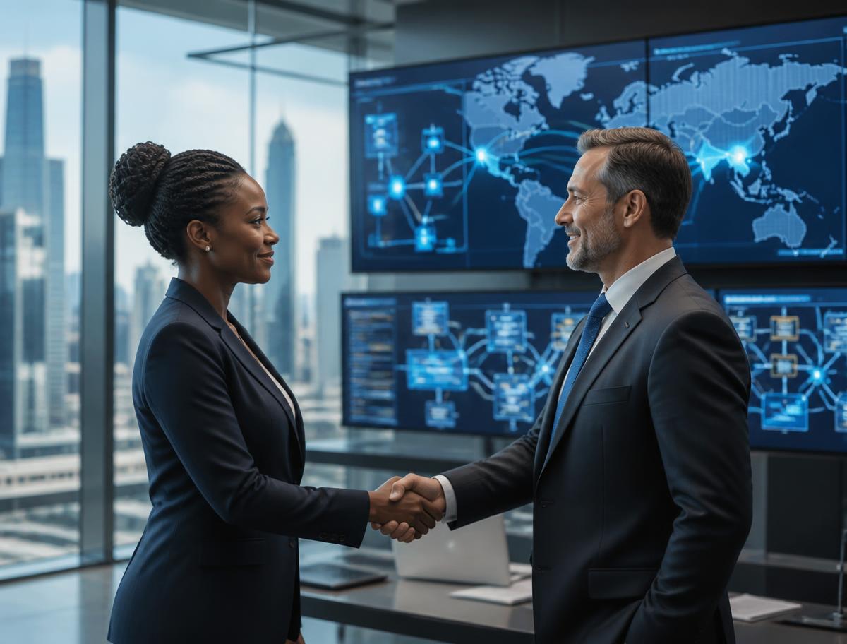 Two international executives finalizing a global infrastructure partnership agreement in a modern corporate office overlooking a financial district